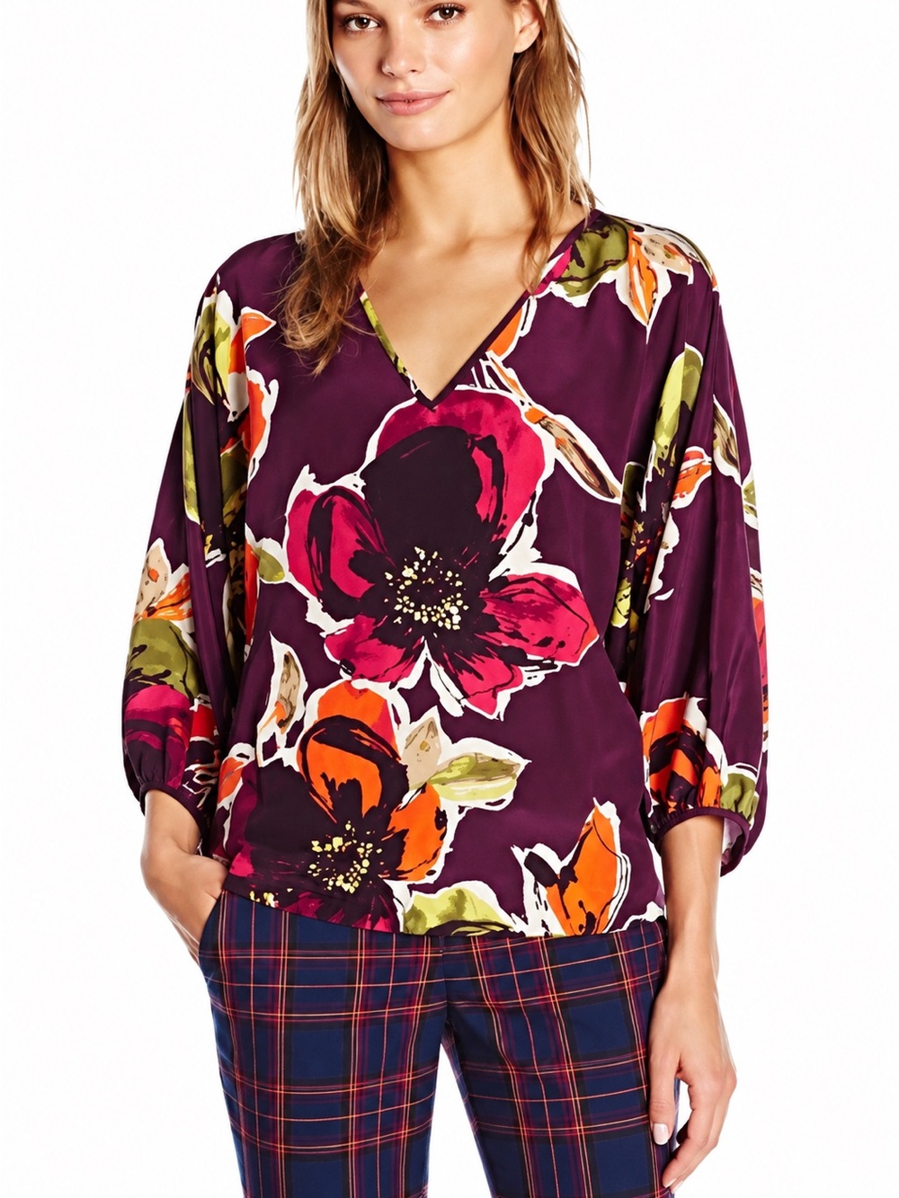 Trina Turk 100% Silk Floral Dolman Sleeve Blouse Purple Size S